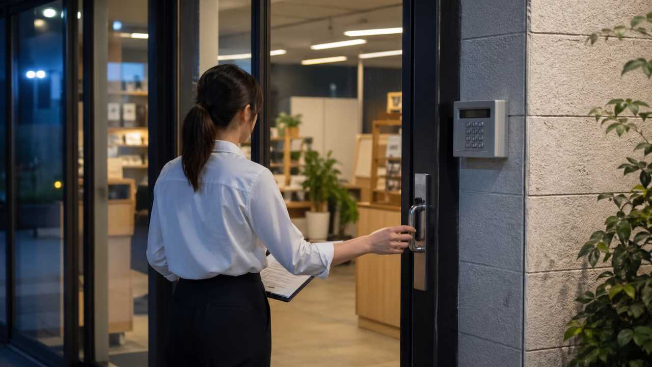 小規模オフィスや店舗の閉店後に、スタッフがドアとセキュリティ確認をしている写真風イメージ
