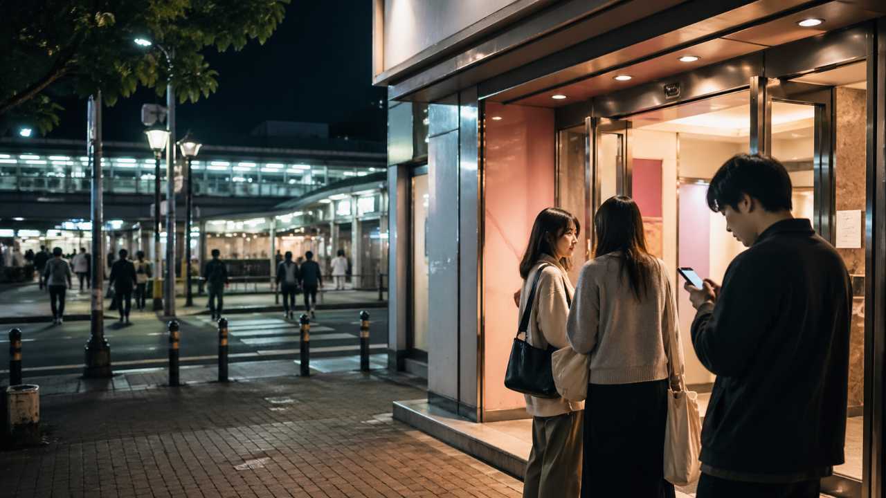 深夜のカラオケ店の入口を少し離れた場所から見た実写風イメージ
