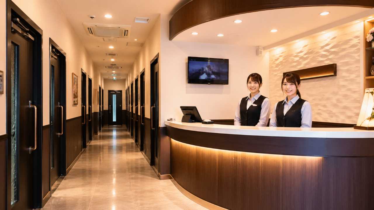 カラオケ店の廊下と受付が見える清潔で明るい実写風イメージ