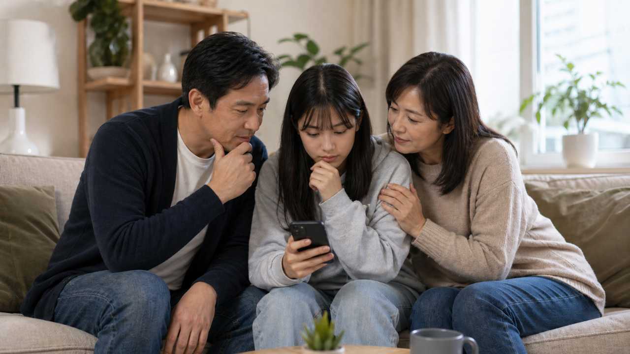 家族がリビングでスマートフォンを見ながら相談している場面