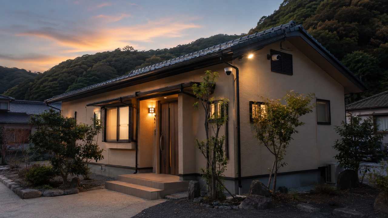 田舎の一戸建て住宅の夕方の外観、防犯カメラとセンサーライトが自然に設置されている、玄関と窓がしっかり閉まっている、家族を守る安心感のある雰囲気