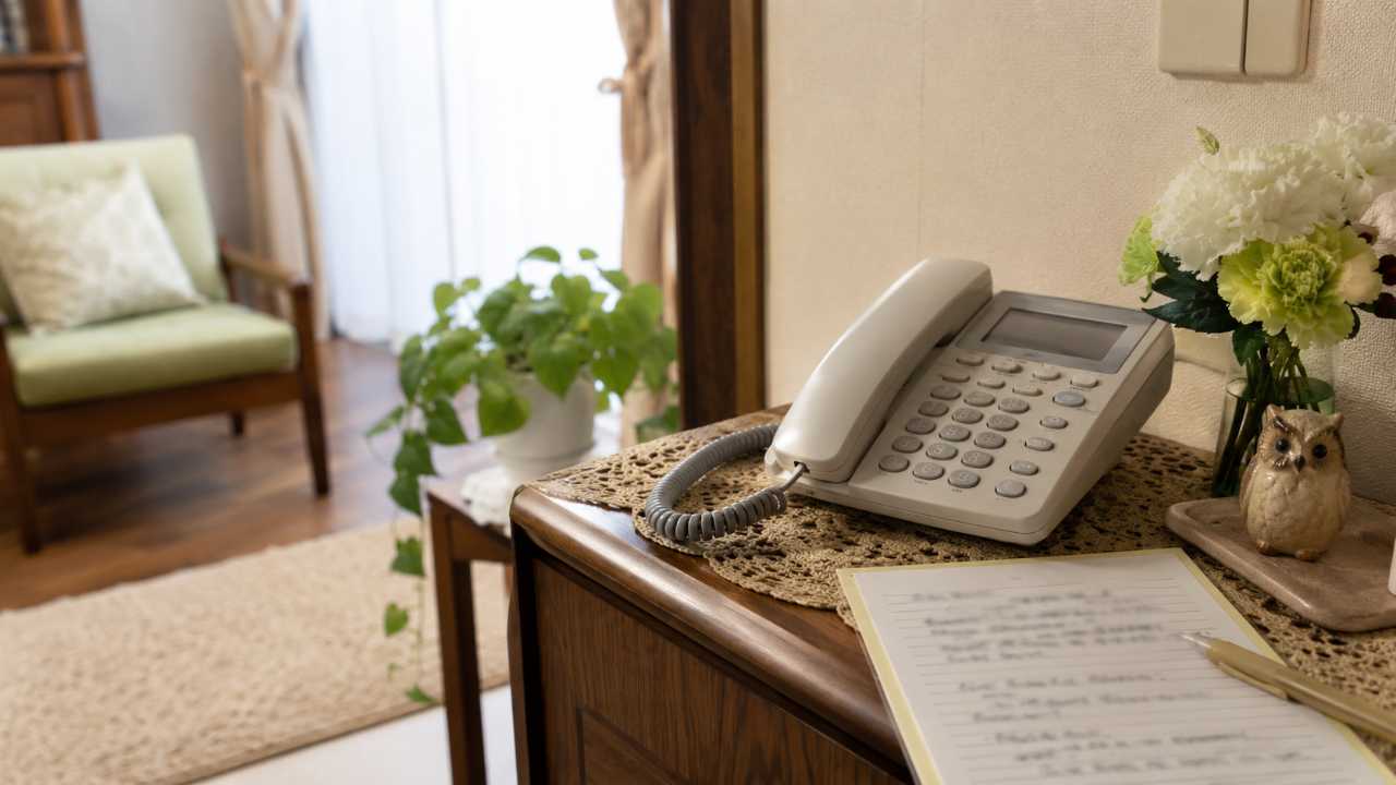 高齢者宅の固定電話の横に防犯メモが置かれている室内、不審電話対策を連想できる落ち着いた雰囲気