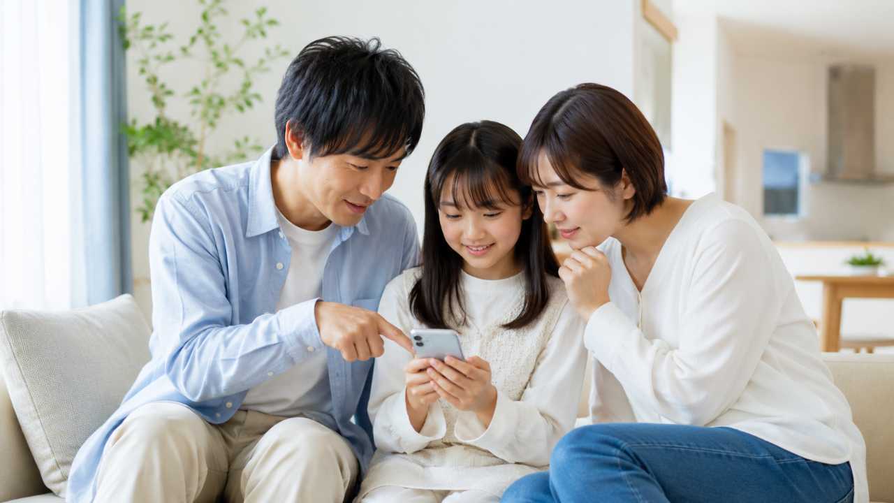 親子または家族がリビングでスマートフォンの迷惑SMS設定を確認している場面
