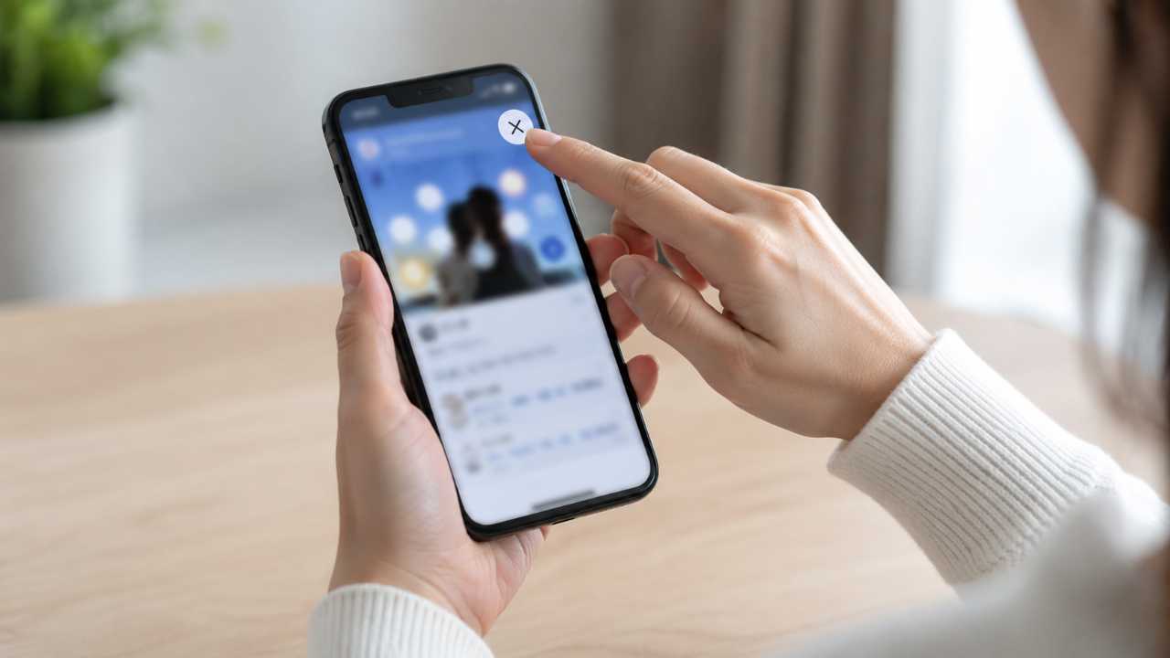 SNSの危険な求人を見つけて、画面を閉じようとしている手元。犯罪に巻き込まれない判断を表すブログ用画像
