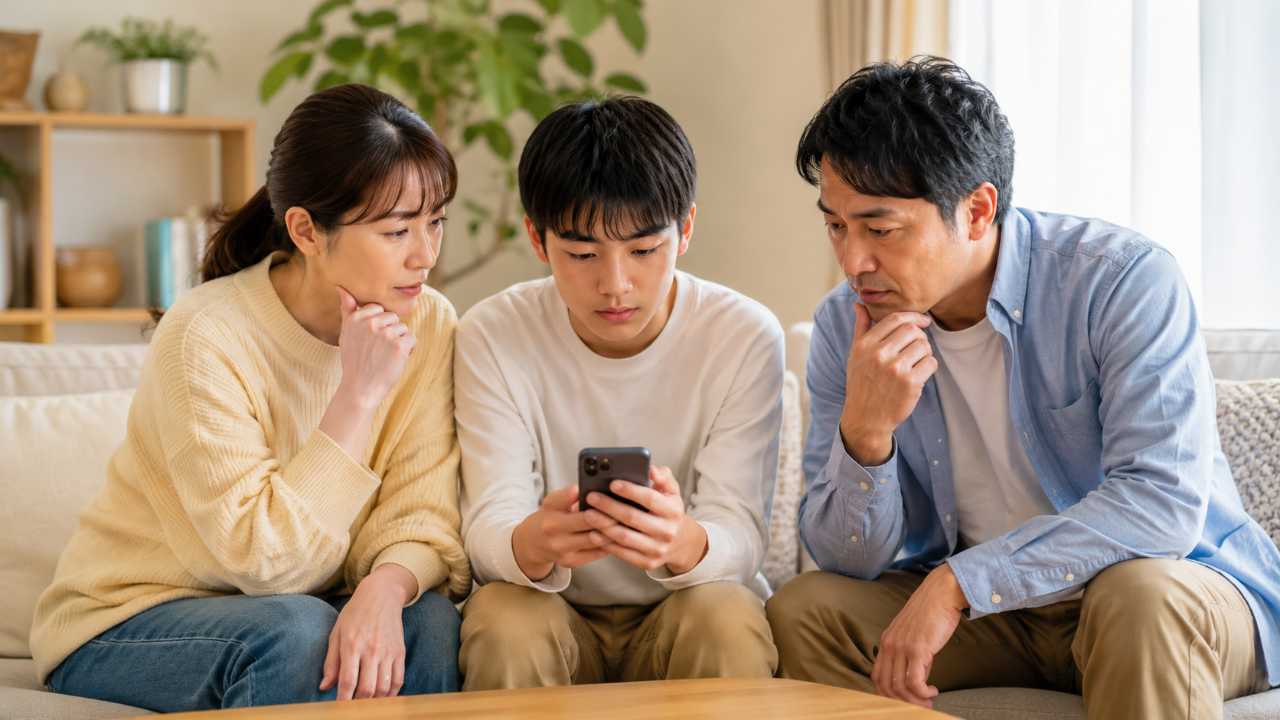 家族がリビングでスマートフォン画面を見ながら真剣に話し合っている様子。闇バイト予防と相談のイメージ