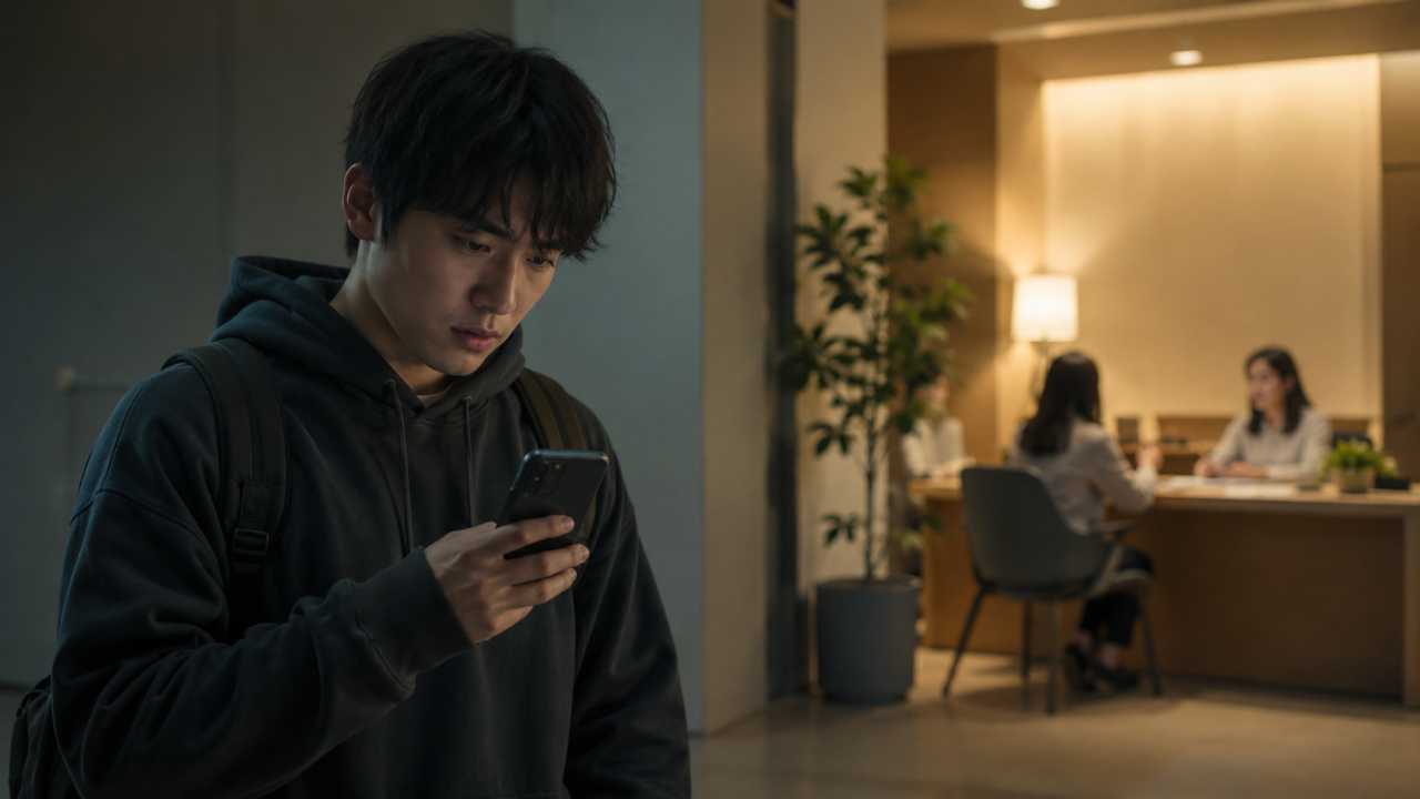不安そうにスマートフォンを見つめる若者が、暗い背景から少し明るい相談窓口の光へ向かっている実写風